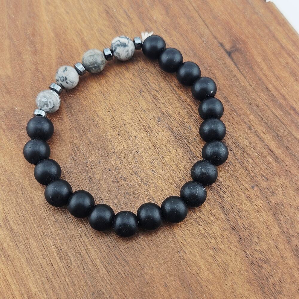 Black Round Beaded Stretch Bracelet Neutral Casual Stackable Everyday